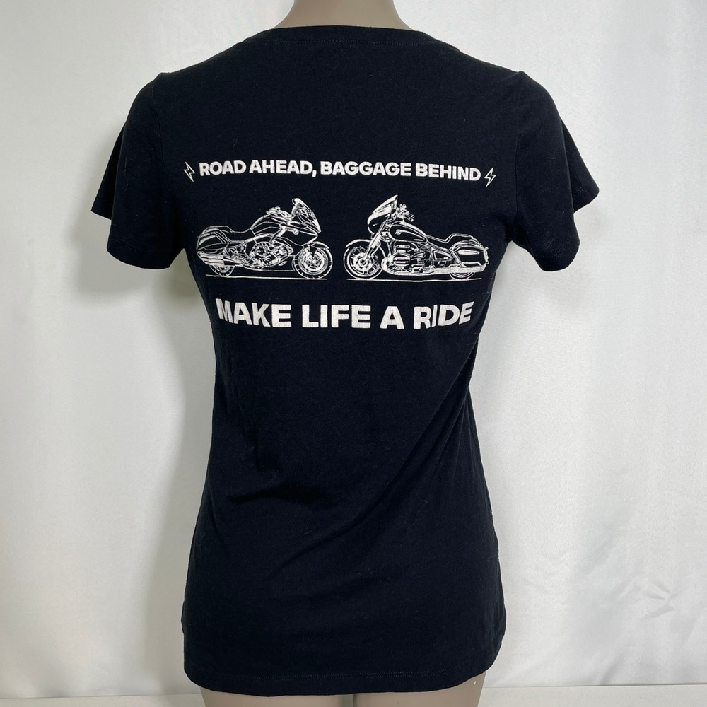 BMW Motorrad Road Ahead Baggage Behind Motorcycle Black T-Shirt Women's SMALL